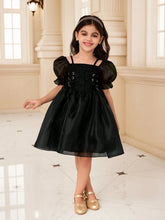 Kids Young Girl Solid Color Mesh Panel Short Sleeve Casual Dress